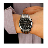 Emporio Armani Velente Chronograph Black Dial Silver Steel Strap Watch For Women - AR0674 Authentic Buy Shop Now