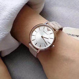 Emporio Armani Gianni T Bar Quartz Silver Dial Beige Leather Strap Watch For Women - AR80007 Authentic Buy Shop Now