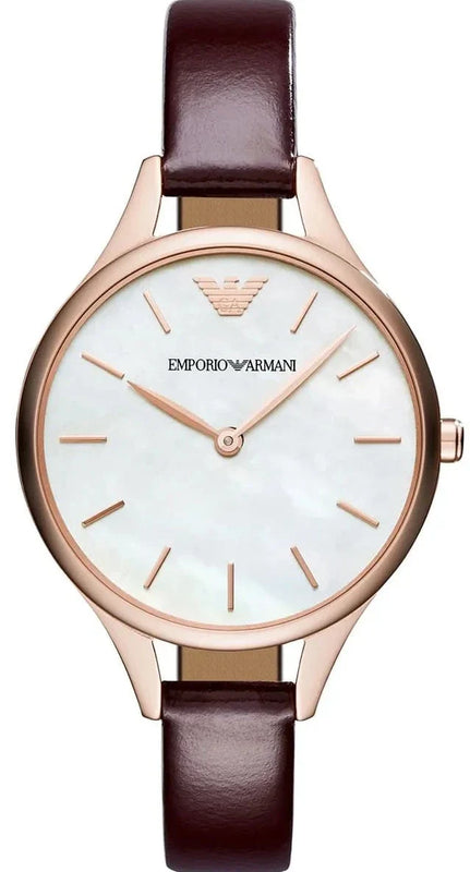 Emporio Armani Aurora Mother of Pearl White Dial Brown Leather Strap Watch For Women - AR11057 Authentic Buy Shop Now