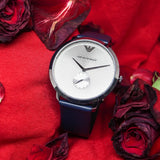 Emporio Armani Modern Slim Analog Silver Dial Blue Leather Strap Watch For Men - AR11214 Authentic Buy Shop Now
