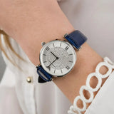 Emporio Armani Gianni T Bar Quartz Crystals Silver Dial Blue Leather Strap Watch For Women - AR11344 Authentic Buy Shop Now