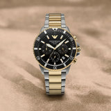 Emporio Armani World Explorer Solar Powered Chronograph Black Dial Two Tone Steel Strap Watch for Men - AR11680 Authentic Buy Shop Now