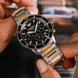 Emporio Armani World Explorer Solar Powered Chronograph Black Dial Two Tone Steel Strap Watch for Men - AR11680 Authentic Buy Shop Now