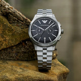 Emporio Armani Ruggero Chronograph Black Dial Silver Steel Strap Watch for Men - AR11691 Authentic Buy Shop Now
