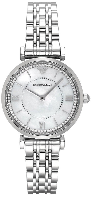 Emporio Armani Gianni T-Bar Mother of Pearl Dial Silver Steel Strap Watch for Women - AR11701 Authentic Buy Shop Now
