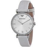 Emporio Armani Gianni T-Bar Silver Dial White Leather Strap Watch for Women - AR1680 Authentic Buy Shop Now