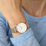 Emporio Armani T Bar Gianni Classic Mother Of Pearl Dial Two Tone Steel Strap Watch For Women - AR1683 Authentic Buy Shop Now