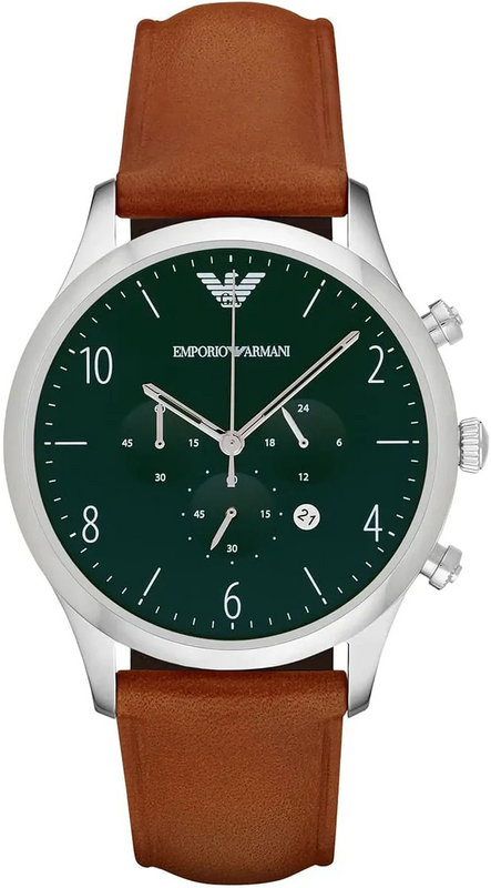 Emporio Armani Beta Chronograph Green Dial Brown Leather Strap Watch for Men - AR1941 Authentic Buy Shop Now
