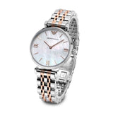 Emporio Armani Gianni T-Bar Mother of Pearl Dial Two Tone Steel Strap Watch For Women - AR1987 Authentic Buy Shop Now