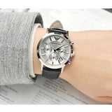 Emporio Armani Renato Chronograph Silver Dial Black Leather Strap Watch for Men - AR2436 Authentic Buy Shop Now