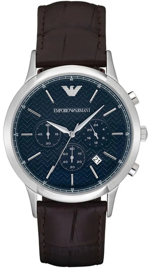 Emporio Armani Renato Chronograph Blue Dial Black Leather Strap Watch for Men - AR2494 Authentic Buy Shop Now