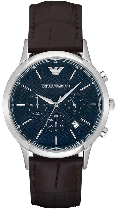 Emporio Armani Renato Chronograph Blue Dial Black Leather Strap Watch for Men - AR2494 Authentic Buy Shop Now
