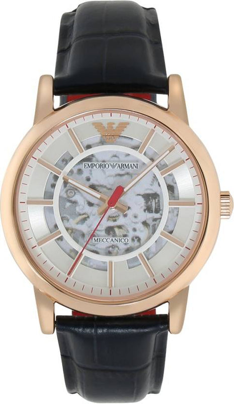 Emporio Armani Meccanico Silver Dial Blue Leather Strap Watch For Men - AR60009 Authentic Buy Shop Now