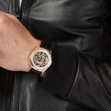 Emporio Armani Zeta Skeleton Automatic Silver Dial Black Leather Strap Watch For Men - AR60018 Authentic Buy Shop Now