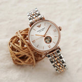 Emporio Armani Gianni T-Bar Analog White Dial Two Tone Steel Strap Watch For Women - AR60019 Authentic Buy Shop Now