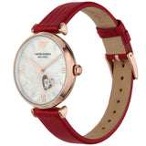 Emporio Armani Gianni T-Bar Mother of Pearl White Dial Red Leather Strap Watch For Women - AR60048 Authentic Buy Shop Now
