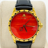 Gucci G Timeless Coral Red Dial Black Leather Strap Watch For Men - YA126464 Authentic Buy Shop Now