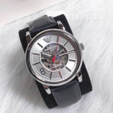 Emporio Armani Meccanico Silver Skeleton Dial Black Leather Watch For Men - AR1997 Authentic Buy Shop Now