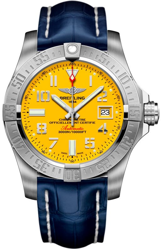 Breitling Avenger II Seawolf Yellow Dial Blue Leather Strap 45mm Mens Watch - A1733110/I519/112X Authentic Buy Shop Now