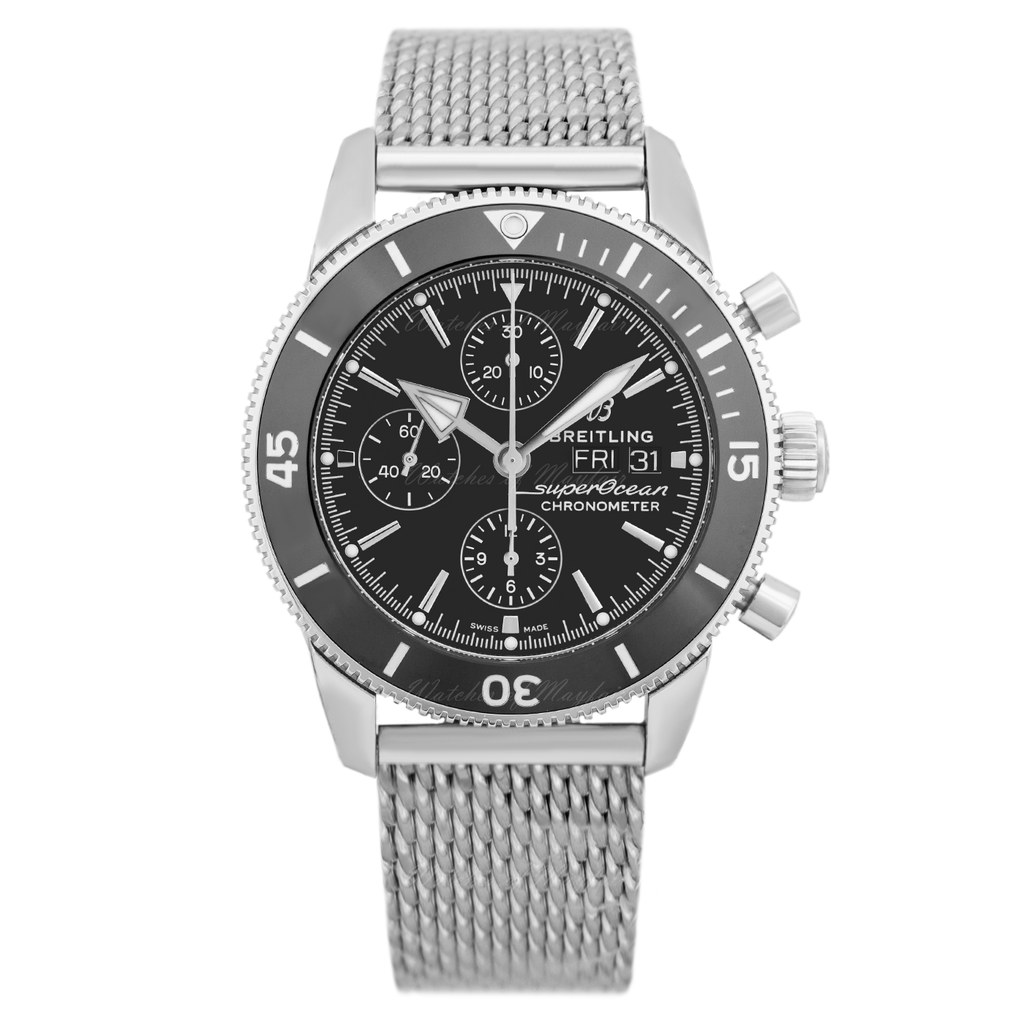 Breitling Superocean Heritage Chronograph 44 Black Dial Silver Mesh Bracelet Watch for Men - A13313121B1A1 Authentic Buy Shop Now