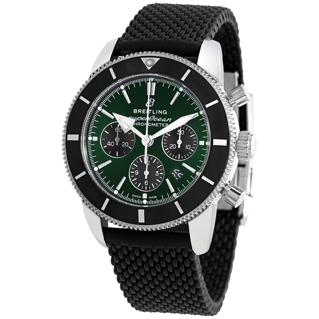 Breitling Superocean Heritage B01 Chronograph 44 Limited Edition Green Dial Black Mesh Bracelet Watch for Men - AB01621A1L1S1 Authentic Buy Shop Now