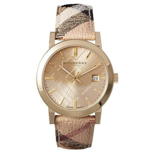 Burberry The City Gold Dial Haymarket Brown Leather Strap Watch for Women - BU9026 Authentic Buy Shop Now