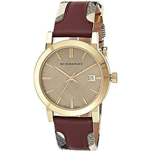 Burberry Heritage Nova Gold Dial Haymarket Red Leather Strap Watch for Women - BU9111 Authentic Buy Shop Now