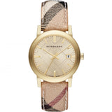 Burberry The City Gold Dial Haymarket Brown Leather Strap Watch for Women - BU9219 Authentic Buy Shop Now