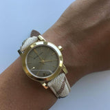 Burberry The City Gold Dial Haymarket Brown Leather Strap Watch for Women - BU9219 Authentic Buy Shop Now
