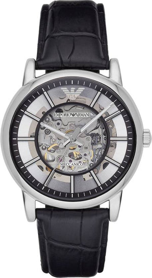 Emporio Armani Luigi Silver Skeleton Dial Black Leather Strap Watch For Men - AR1981 Authentic Buy Shop Now
