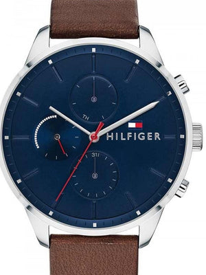 Tommy Hilfiger Chase Chronograph Grey Dial Brown Leather Strap Watch For Men - 1791487 Authentic Buy Shop Now