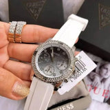 Guess Confetti Crystal Black Dial White Silicone Strap Watch For Women - W1098L1 Authentic Buy Shop Now