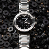 Emporio Armani Mario Chronograph Black Dial Silver Steel Strap Watch For Men - AR11241 Authentic Buy Shop Now