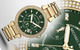 Michael Kors Parker Chronograph Green Dial Gold Steel Strap Watch for Women - MK6263 Authentic Buy Shop Now