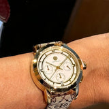 Tory Burch The Tory Chronograph White Dial Maroon Jacquard Strap Watch for Women - TBW1051 Authentic Buy Shop Now