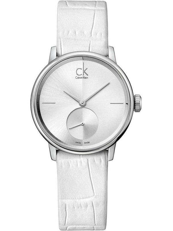 Calvin Klein Accent Silver Dial White Leather Strap Watch for Women - K2Y231K6 Authentic Buy Shop Now