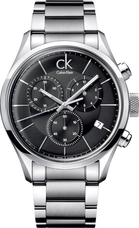 Calvin Klein Masculine Chronograph Black Dial Silver Steel Strap Watch for Men - K2H27104 Authentic Buy Shop Now