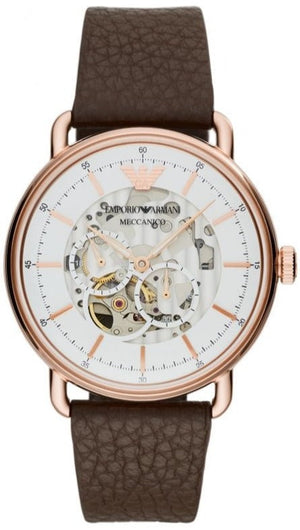 Emporio Armani Meccanico Automatic White Dial Brown Leather Strap Watch For Men - AR60027 Authentic Buy Shop Now