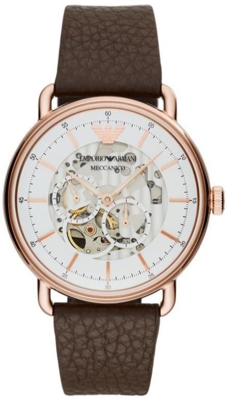 Emporio Armani Meccanico Automatic White Dial Brown Leather Strap Watch For Men - AR60027 Authentic Buy Shop Now