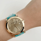 Burberry Heritage Gold Dial Blue Leather Strap Watch for Women - BU9112 Authentic Buy Shop Now