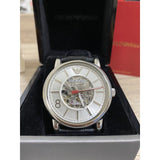Emporio Armani Meccanico Silver Skeleton Dial Black Leather Watch For Men - AR1997 Authentic Buy Shop Now