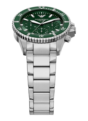 Emporio Armani World Explorer Solar Chronograph Green Dial Silver Steel Strap Watch for Men - AR11741 Authentic Buy Shop Now