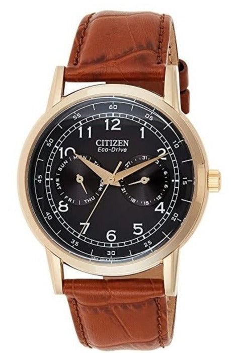 Citizen Eco Drive Multi Function Day & Date Black Dial Brown Leather Strap Watch For Men - AO9003-08E Authentic Buy Shop Now