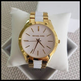 Michael Kors Slim Runway Quartz White Dial Two Tone Steel Strap Watch For Women - MK4295 Authentic Buy Shop Now