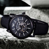 Emporio Armani Meccanico Automatic Skeleton Dial Black Leather Strap Watch For Men - AR60008 Authentic Buy Shop Now