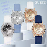 Guess Confetti Diamonds Gold Dial Blue Rubber Strap Watch For Women - W1098L6 Authentic Buy Shop Now