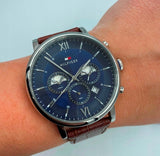 Tommy Hilfiger Evan Chronograph Blue Dial Brown Leather Strap Watch for Men - 1710393 Authentic Buy Shop Now