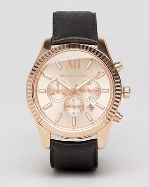 Michael Kors Lexington Chronograph Rose Gold Dial Black Leather Strap Watch For Men - MK8516 Authentic Buy Shop Now