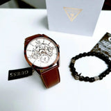 Guess Multi-Function Chronograph White Dial Brown Leather Strap Watch For Men - GW0389G8 Authentic Buy Shop Now