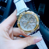 Guess Limelight Quartz Silver Dial White Leather Strap Watch For Women - W0775l8 Authentic Buy Shop Now